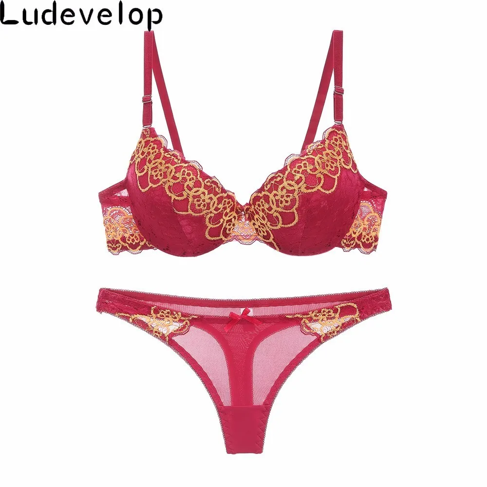 french knickers set New Sexy Brassiere lady push up bra set Lace embroidery bralette Underwear Panty Set Intimates Black Red Women Bra Thong Set sexy bra and panty set Bra & Brief Sets