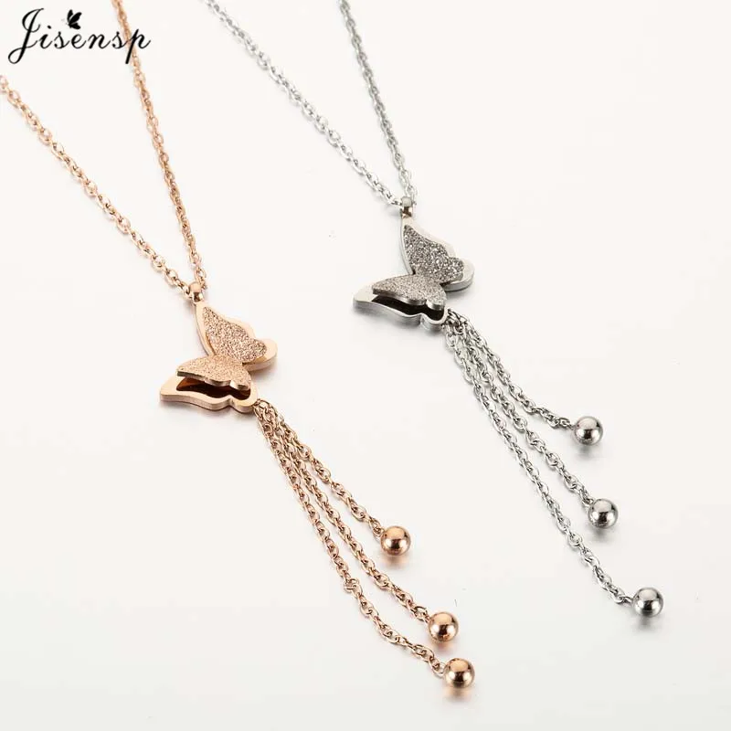 

Jisensp Cute Matte Double Butterfly Charm Necklace Rose Gold Color Stainless Steel Link Chain Choker Jewelry Necklace for Women