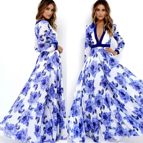 

2019 Women Boho Floral Long Maxi V Neck Dress Club Wear Party Evening Summer Beach Sundress