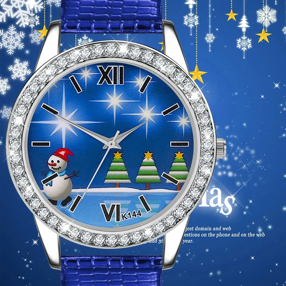 Christmas Blue dial leather belt analog quartz fashion wrist ladies Gift watch
