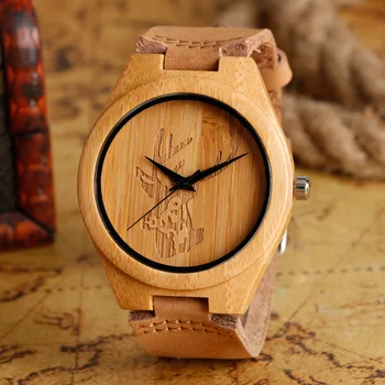 

Creative Cool Mens Deer Head Design Bamboo Wooden Watches Handmade Luxury Elk Moose Wood Watches Vintage Leather Quartz Watch
