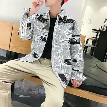 

2018 Autumn New Slim Fashion Newspaper Print Long Sleeved Shirt