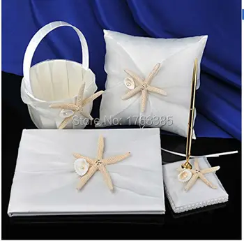 

1Set Starfish Beach Themed Guest Book + Pen Set + Flower Girl Basket + Ring Bearer Pillow Wedding Ceremony Party Decoration