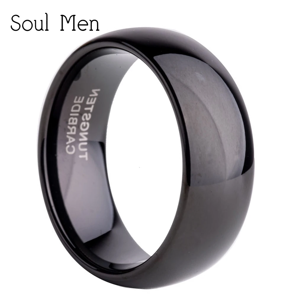 Carved Engrave Jewelry 8mm Black Dome Solid Tungsten Carbide Ring Polished Men's Wedding Engagement Band Size 7-14 TU002R