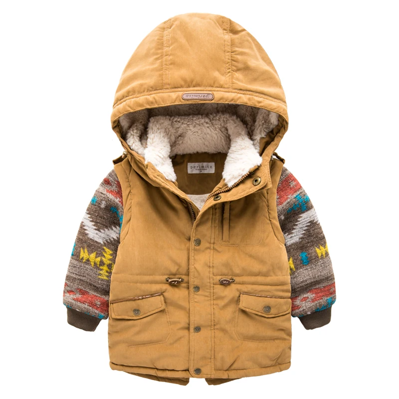 ФОТО Long cotton baby Khaki jacket hooded top Boys Winter kids children with velvet thickened