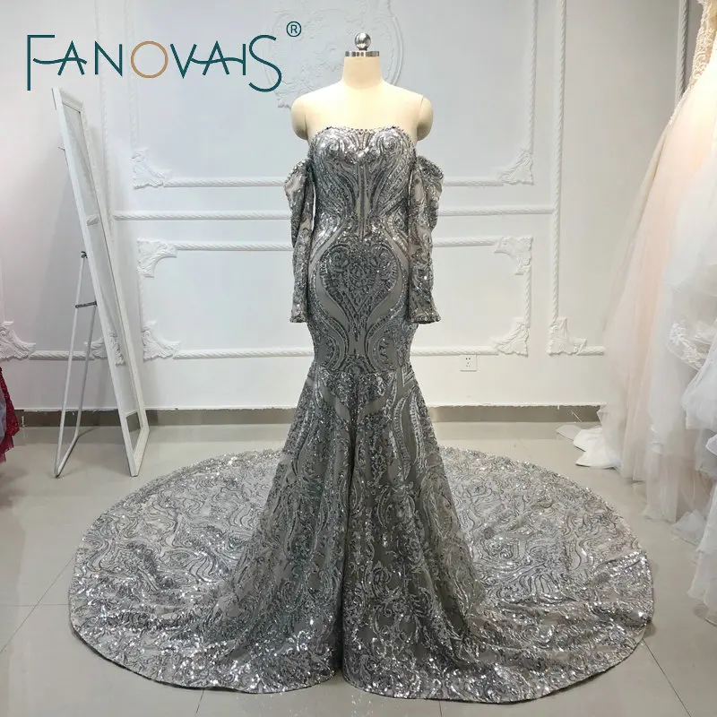Silver Shinning Evening Dresses with Detachable Long Leeves Sequin ...