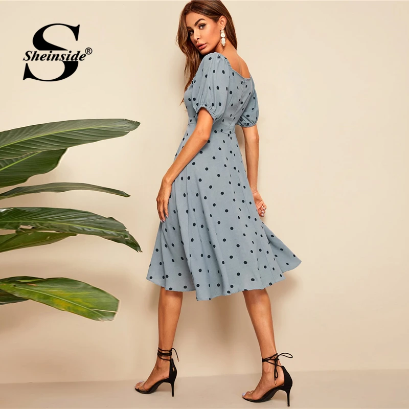 Sheinside عارضة البولكا نقطة طباعة ميدي اللباس النساء 2019 الصيف نفخة كم عالية الخصر فساتين السيدات زر التفاصيل خط اللباس