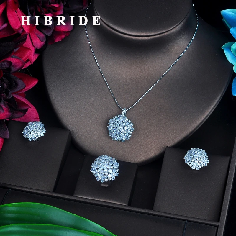 HIBRIDE Искрящийся фианит набор украшений для женщин белое золото цвет ожерелье серьги, кольцо, ювелирные изделия набор вечерние подарки N-512