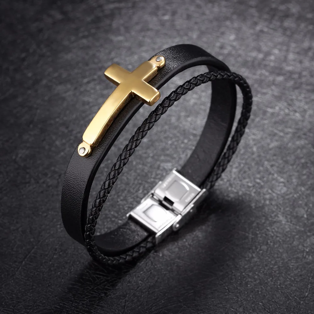 FATE LOVE New Male Men Statement Cross Charm Bracelets & Bangles Jewelry Black PU Leather Wristlet Fashion Jewelry