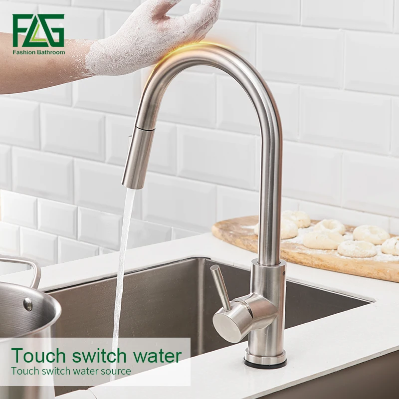 Controle de Toque de Aço Misturador da Cozinha Torneira para a Cozinha Inoxidável Torneiras Cozinha Sensor Inteligente Toque Pull Down Sink Tap Flg