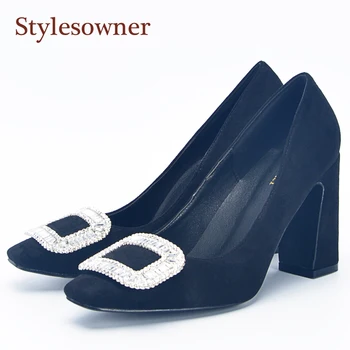 

Stylesowner Comfortable Sapato Feminino New Product Square Toe Crystal Buckle Women's Pumps Elegant Lady Party Wedding Shoes