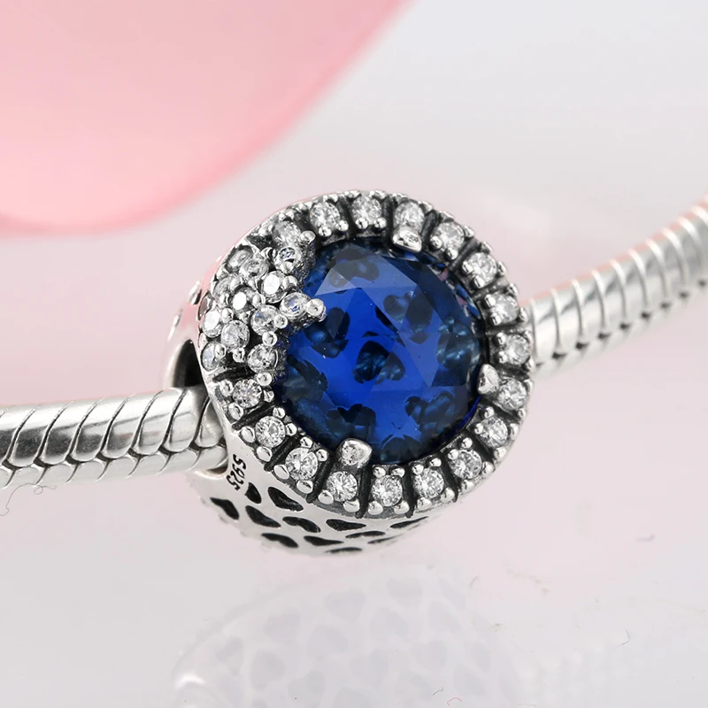 Настоящее 925 пробы серебро темно-синий Сияющий Кристалл Циркон шарик подходит Pandora браслет ювелирные изделия