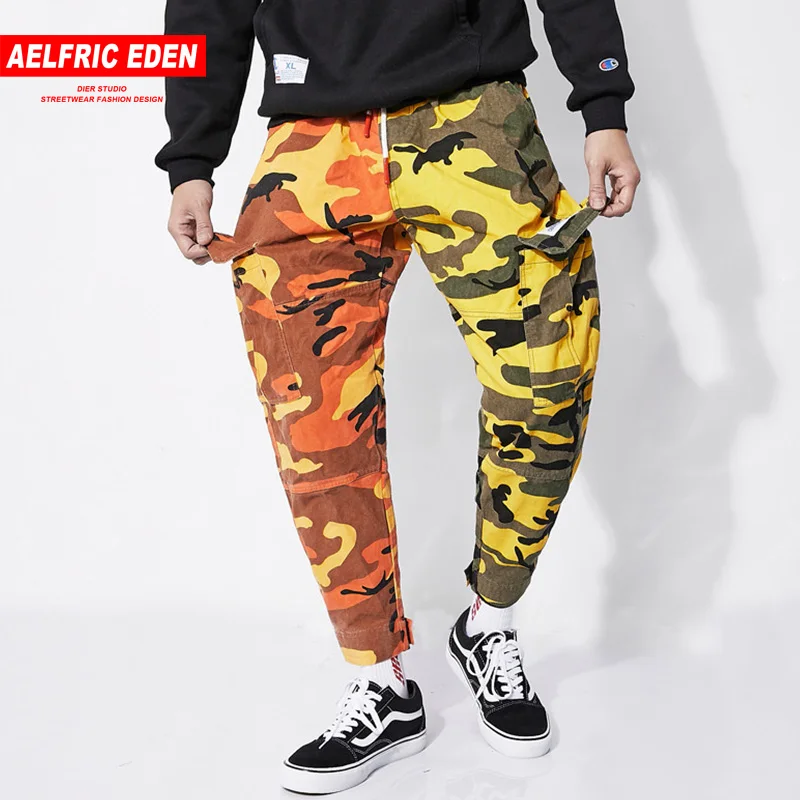 Aelfric Eden мужские бегунов Мода Цвет блок Camo тренировочные штаны большие карманы хип-хоп Уличная Брюки военные шаровары UR25
