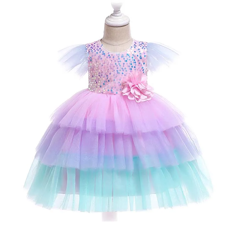 

Girls Summer Falbala Sleeve Gown Elegent Lace Flower Girls Princess Layered Formal Wedding Pageant rainbow Dresses Girls