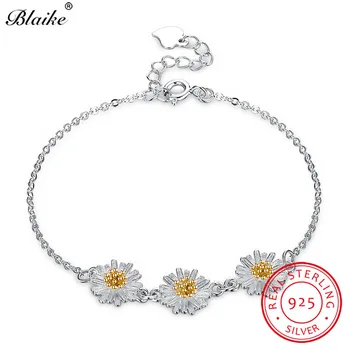 

Blaike Cute Three Daisy Charm Bracelets For Women 100% Solid S925 Sterling Silver Sunflower Bangles Female Fine Jewelry Gifts