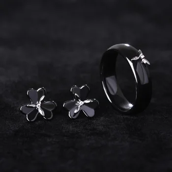 

Romantic Flower Clover Ceramic Ring&Earring Jewelry Set For Women Wedding Gift Rhinestone Copper Anel Brincos Mujer Sergi Bijoux