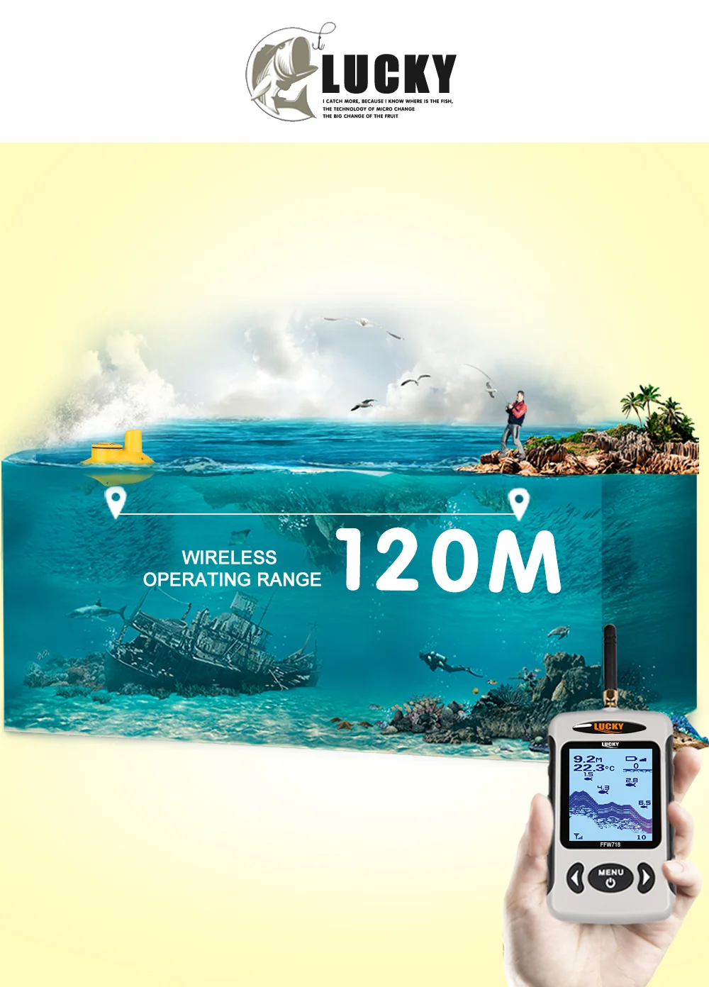 Underwater Detector Sonar Fish Finder Marine Alarm FFW718 Wireless Findfish for Fishing range 120m Depth 45m Lucky Sonar Finder (14)