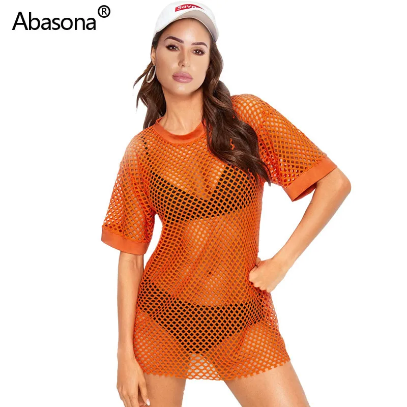 

Abasona New Solid Gauze Grid See Though O-neck Short Sleeve Tee Top Fashion Casual T-shirt Beach Sexy T Shirts for Party Club