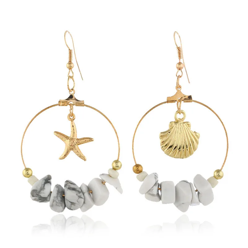 

1 Pair Simple Summer Sea Shell Women Bohemian Drop Round Alloy Starfish Circle Vintage Stone Beads Dangle Earrings 4 Colors