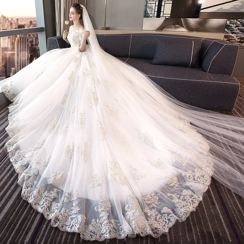 Свадебное платье невесты сон принцесса длинный хвост Стройное плечо европейский и американский белый размер корта