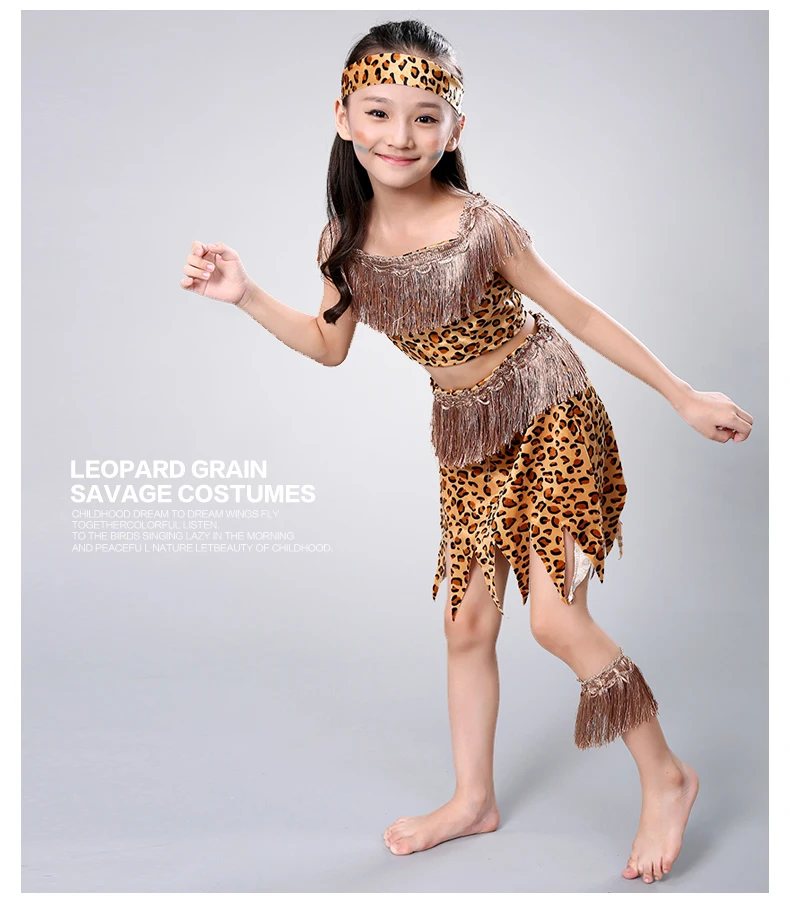 Kid Halloween Girl Savage Costumes Boy Savage Indian Girl Leopard Stage Performance Props Child Hunter Flintstones Primitive
