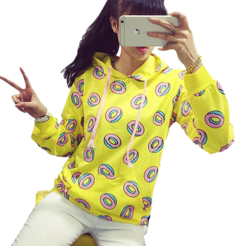 

GRNSHTS Cute donut print pullovers O-Neck autumn women hoodies sweatshirts yellow plus large size S-XL fashion