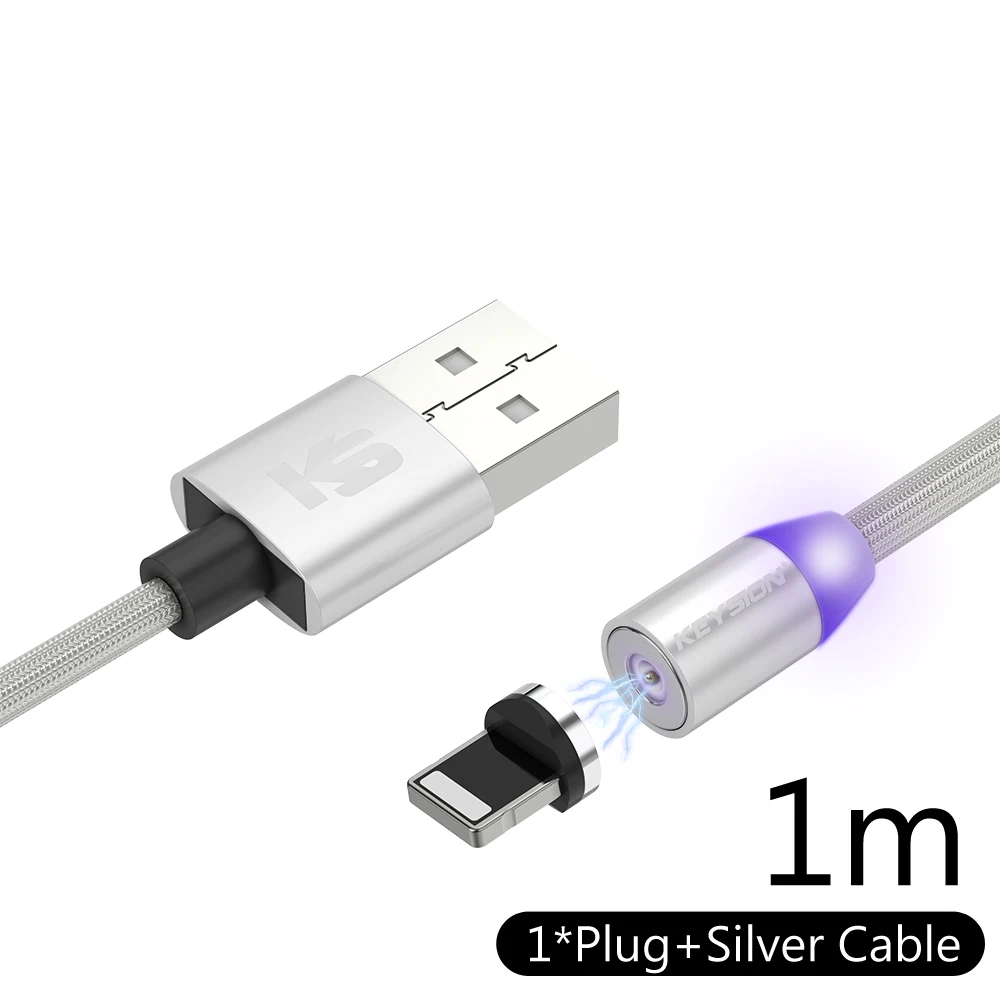 KEYSION 1 м Магнитный кабель для зарядки, Micro USB кабель для iPhone XR XS Max X магнитное зарядное устройство usb type C светодиодный кабель для зарядки - Цвет: Silver 1m