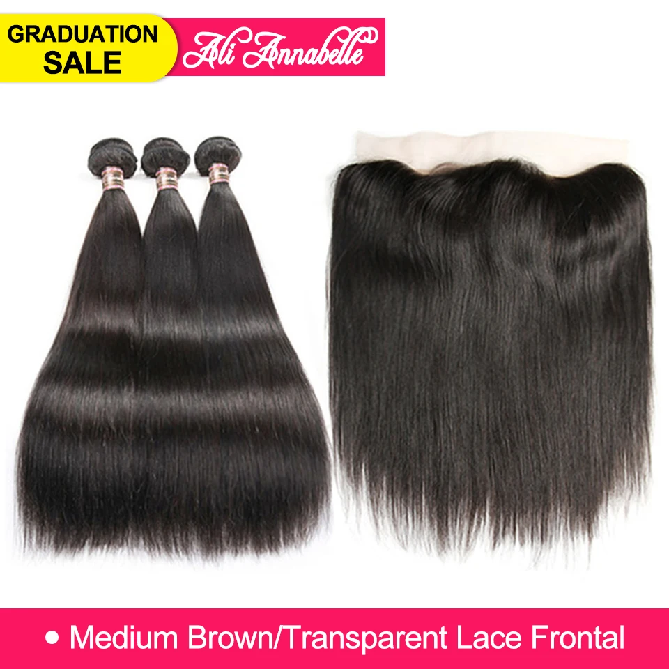 

ALI ANNABELLE HAIR Straight Brazilian Human Hair Bundles With Transparent Lace Frontal/Medium Brown 3 Bundles with Lace Closure