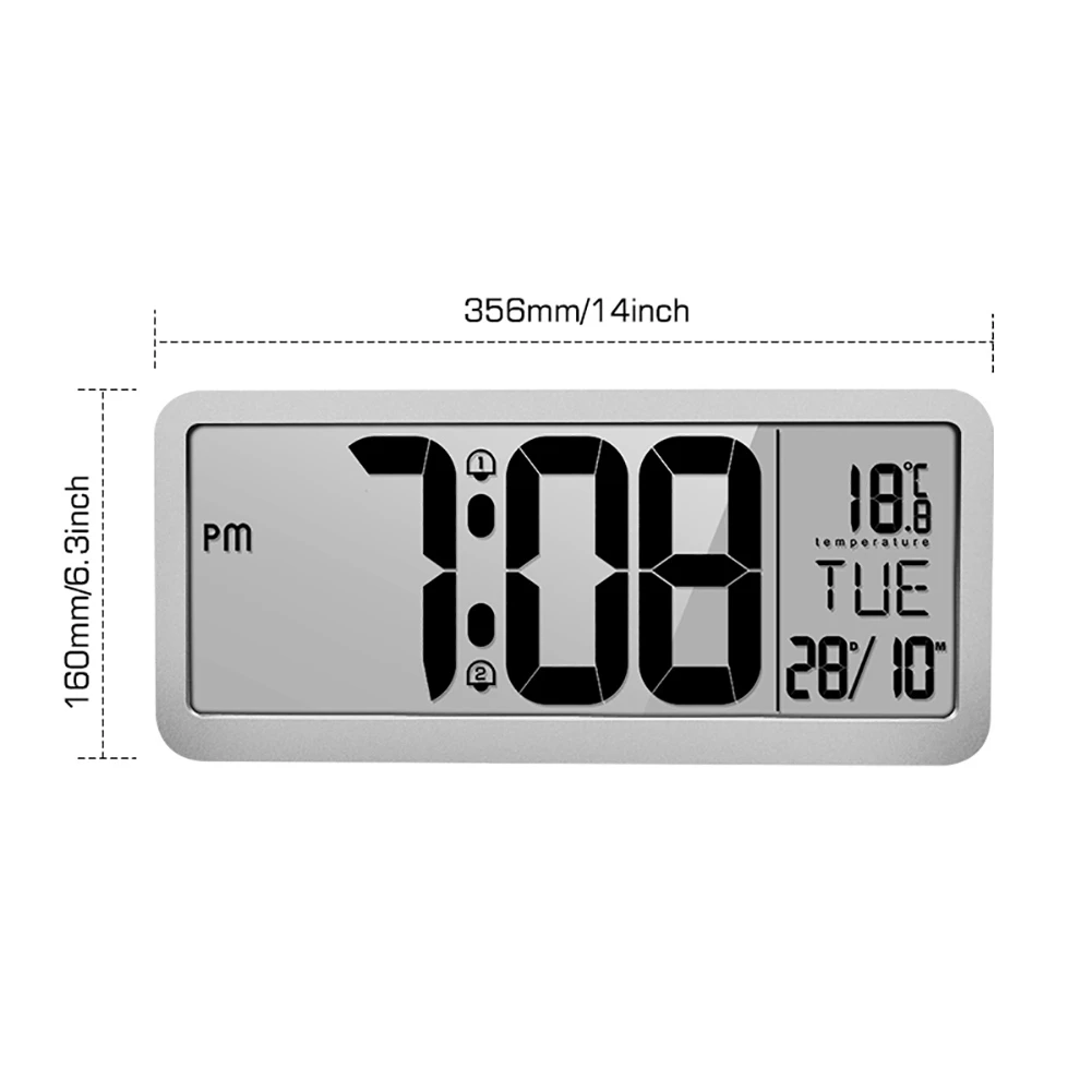 Цифровые настенные часы с питанием от батареи с 2 настройками будильника, регулируемым объемом, большим ЖК-дисплеем, датой, будней и Тэ