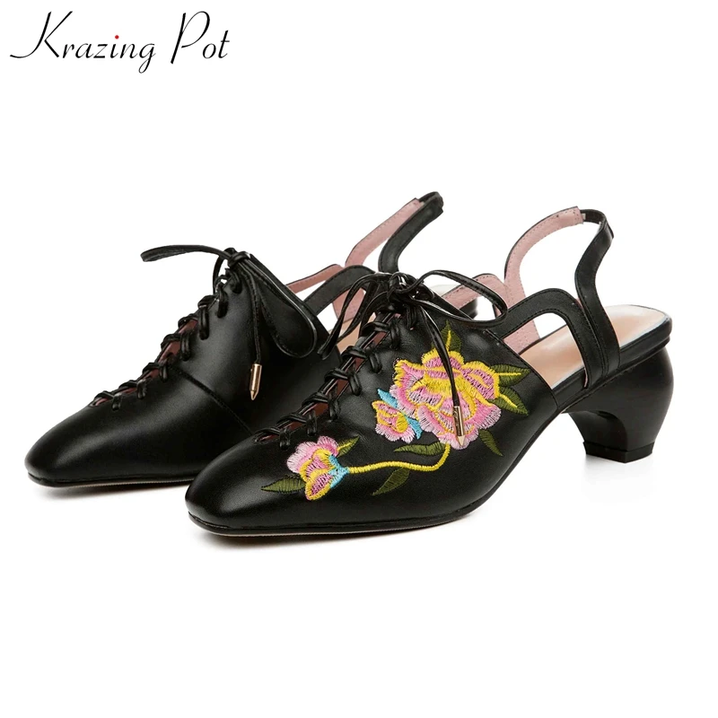 

Krazing pot full grain leather square toe strange high heel graceful streetwear flowers embroidery party plus size 43 pumps L69