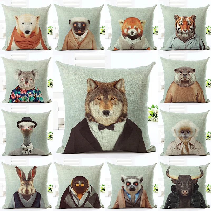 

2017 Hot Selling Wearing Clothes Animals Home Decorative Sofa Cushion Throw Pillow Case Cotton Linen Square Pillows