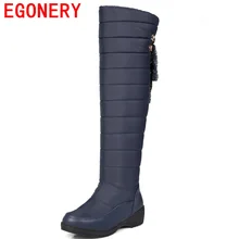 EGONERY chaussures 2017 de mode bout rond slip-on sur le genou bottes d’hiver pluash coins nubuck bottes de neige en cuir élégant reine
