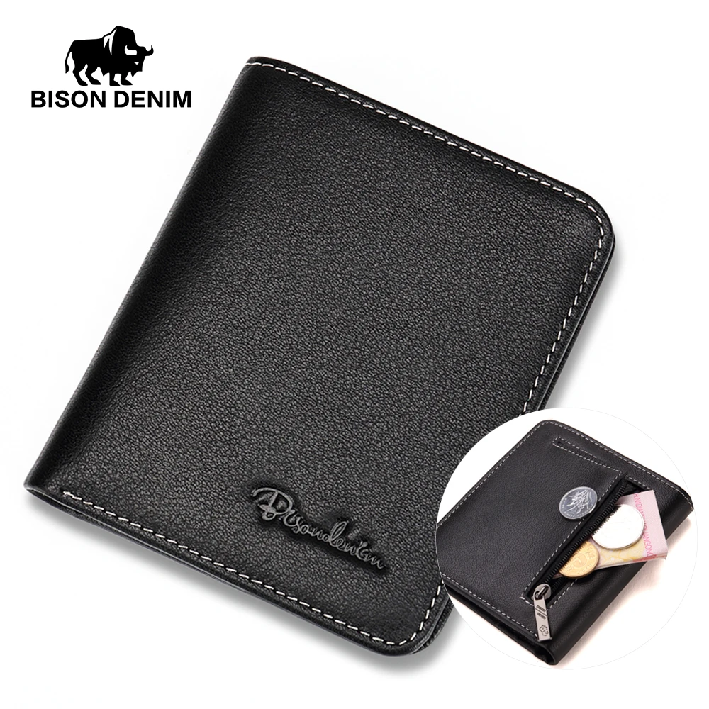 BISON DENIM Men Wallets Black Genuine Leather Purse For Men Business