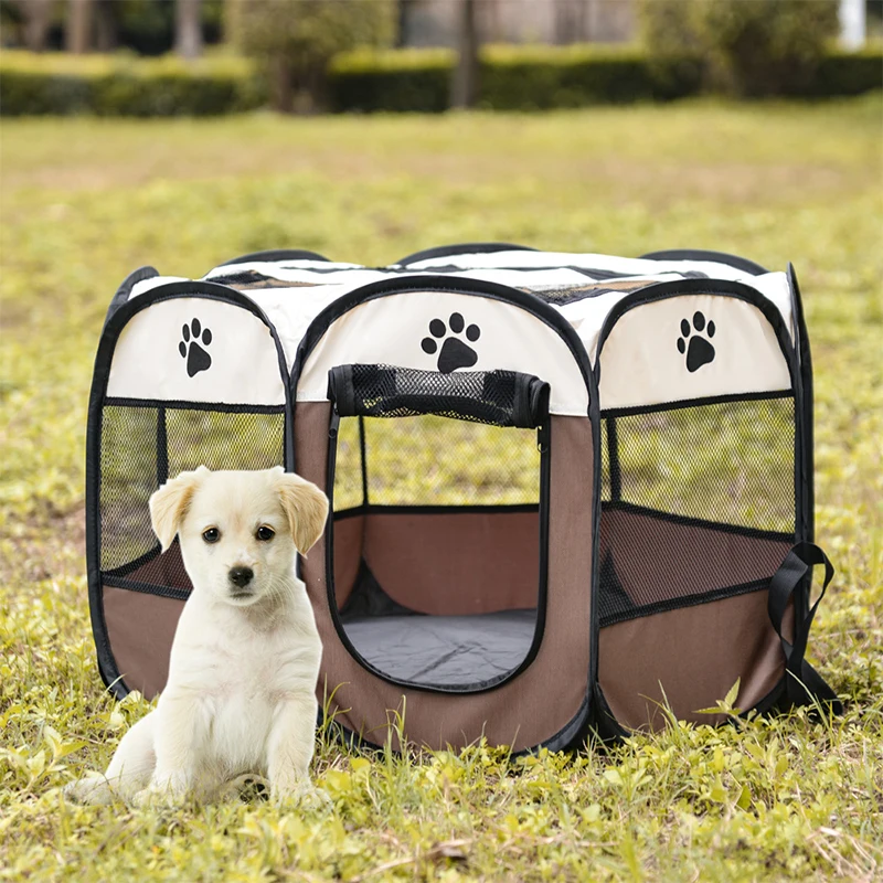 Манеж-палатка для питомца собак Складная Клетка для щенков для упражнений кошачья клетка Водонепроницаемая наружная двухдверная сетка - Цвет: brown
