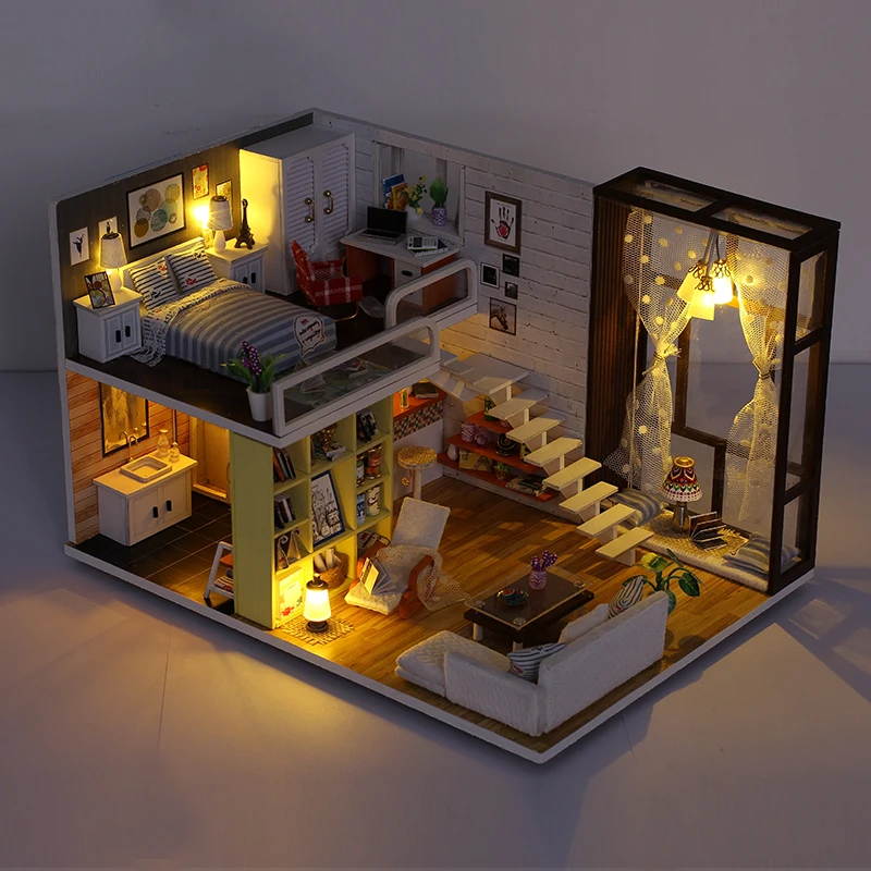 New Doll House Toy Miniature Wooden Doll House Loft with Kitchen Bedroom Bathroom Best Kids Gift Di - 4000000820981
