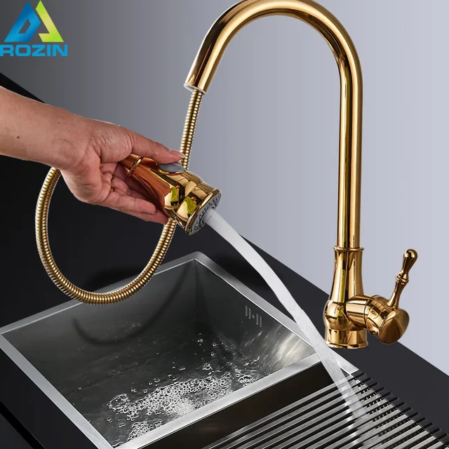 Best Offers Pull Out Golden Kitchen Faucet Sink Mixer Tap Swivel Spout Sink Faucet Stream Sprayer Kitchen Hot Cold Water tap 