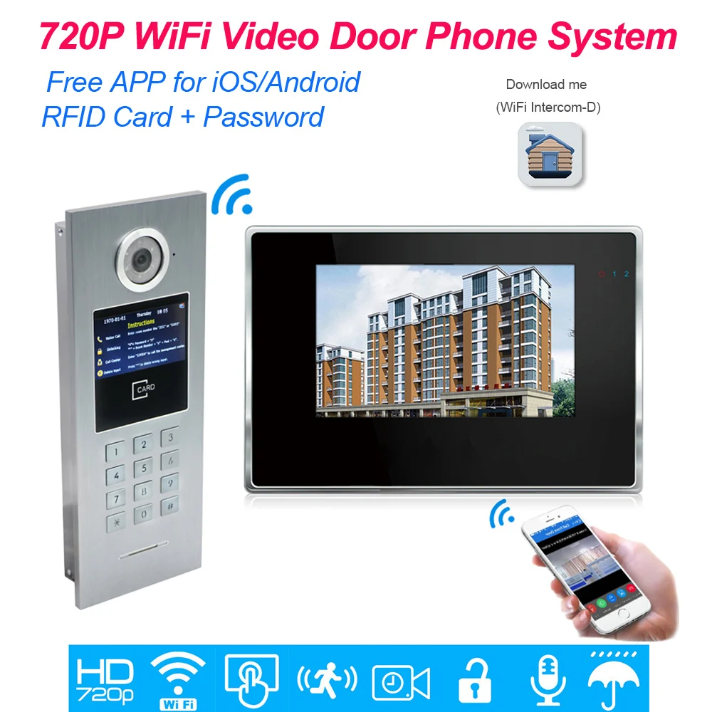 JeaTone 720P HD WiFi IP видео домофон домашняя система контроля доступа Пароль/RFID карта iOS Android приложение сенсорный экран