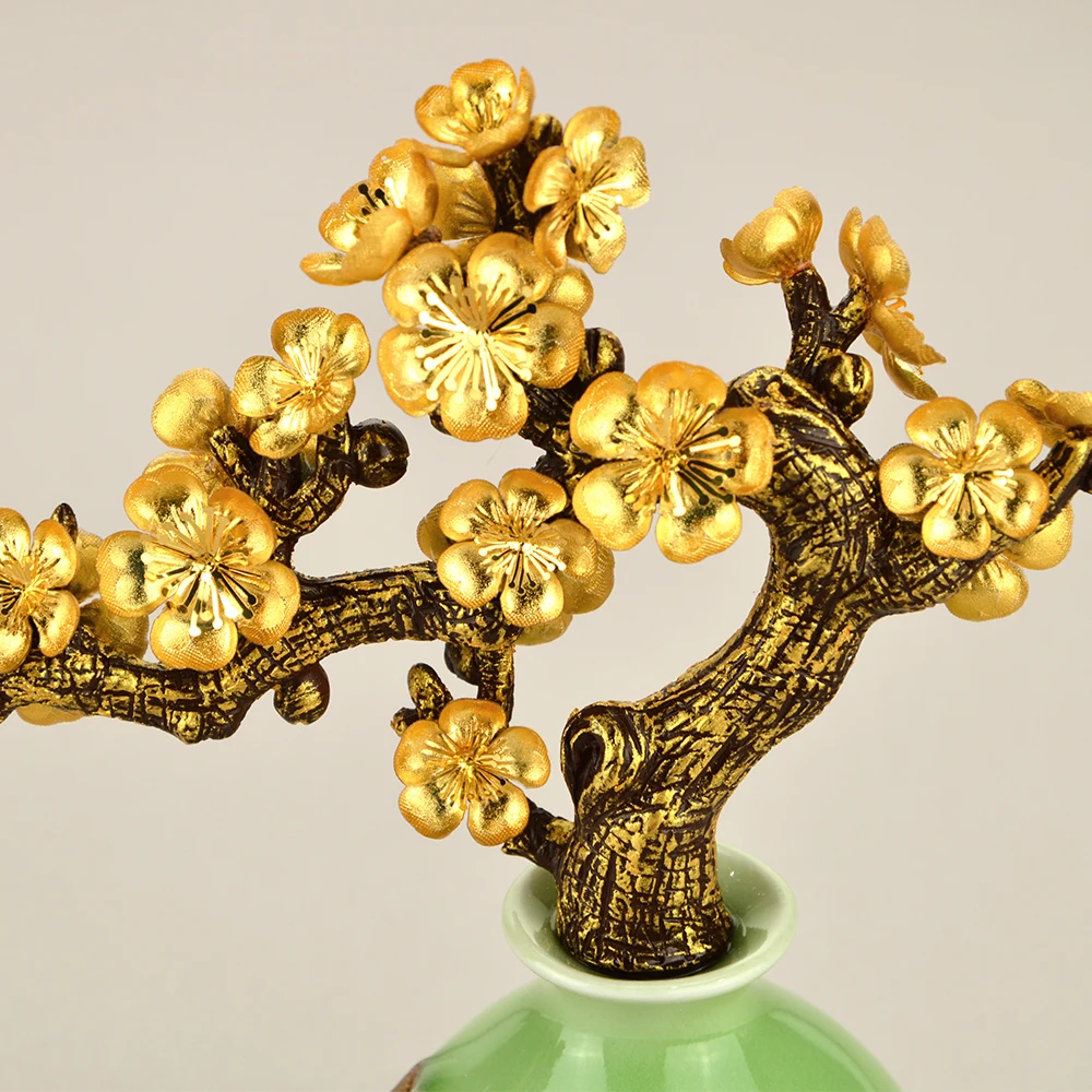 FengShui бонсай счастливые украшения 24K золотой орнамент из фольги сливы цветущее густое дерево горшечные растения ремесла офис Домашний офис Декор подарок