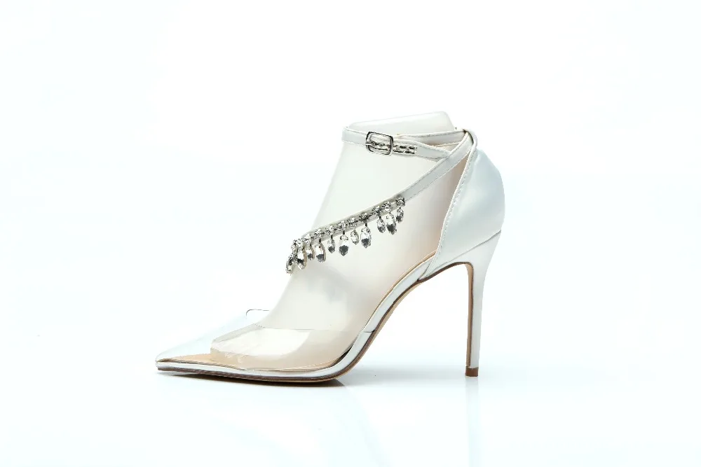 

Clear transparent pumps pointed toe sexy high heels sandals Rhinestone fringe weeding bride shoes white zapatos mujer 12 cm high