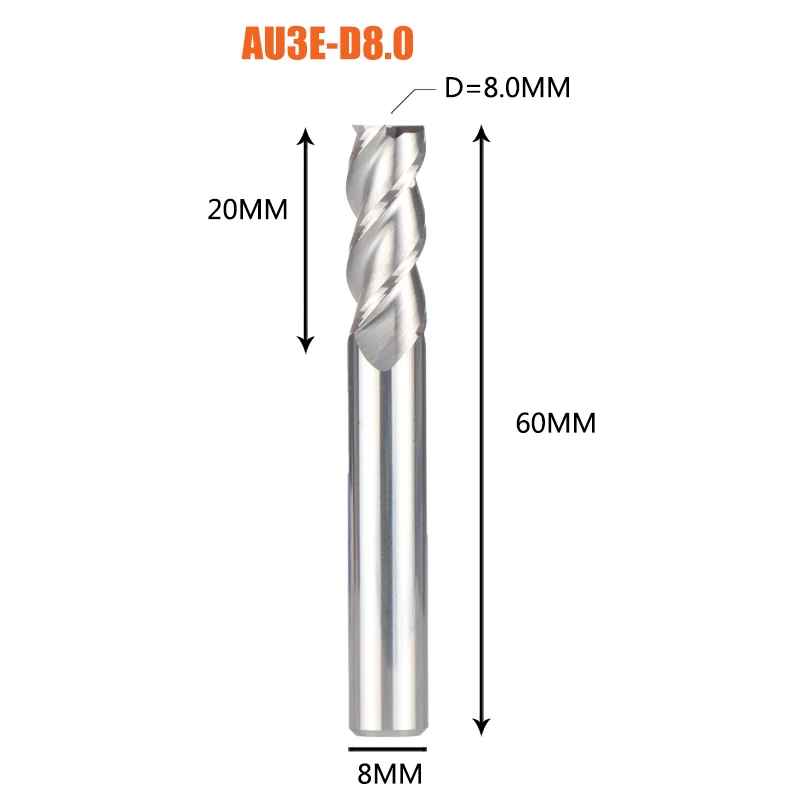 ЧПУ Алюминиевый Фрезерный резак твердосплавная Концевая фреза 3 флейты с квадратной головкой Приплюснутые концевые фрезы d1 до d12 вольфрамовые стальные фрезы - Длина режущей кромки: 1PC-AU3E-D8.0