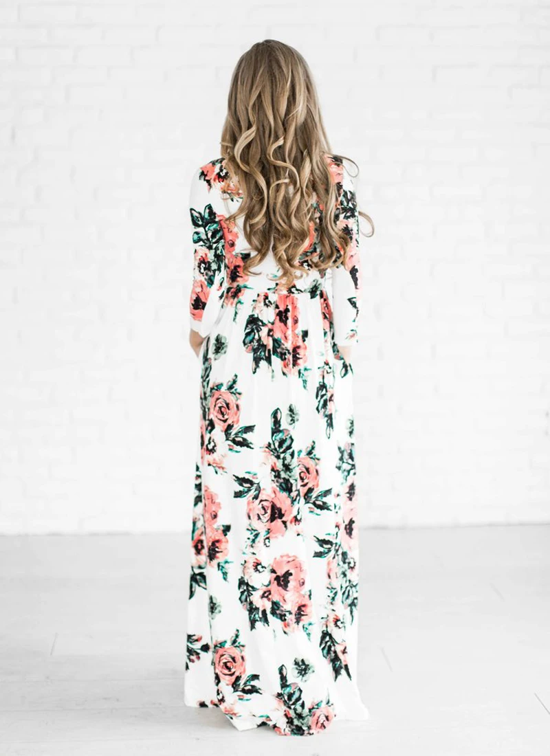 Floral Printed Three Quarter Sleeve Loose Maxi Boho Beach Dress