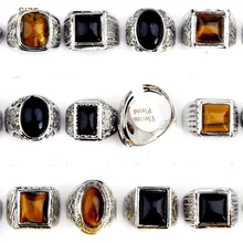 50 unids Porción Al Por Mayor Mezcla Anillos de Piedra Natural de Ojo de Tigre y Negro Para Los Hombres de Joyería de Moda Plateado Anel