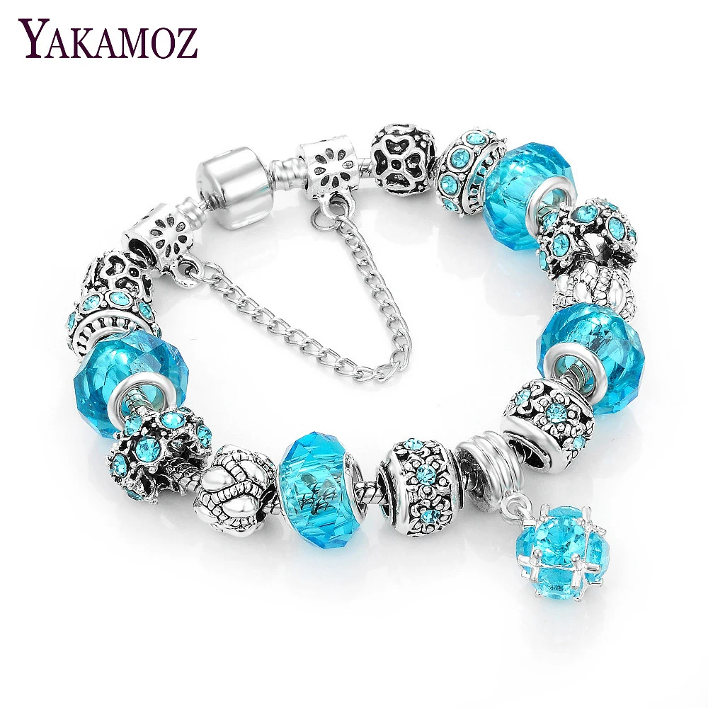 

YAKAMOZ European Charm Beads Bracelet & Bangle Authentic Crystal Chain Bracelets for Women Girls DIY Silver Color Jewelry 2017
