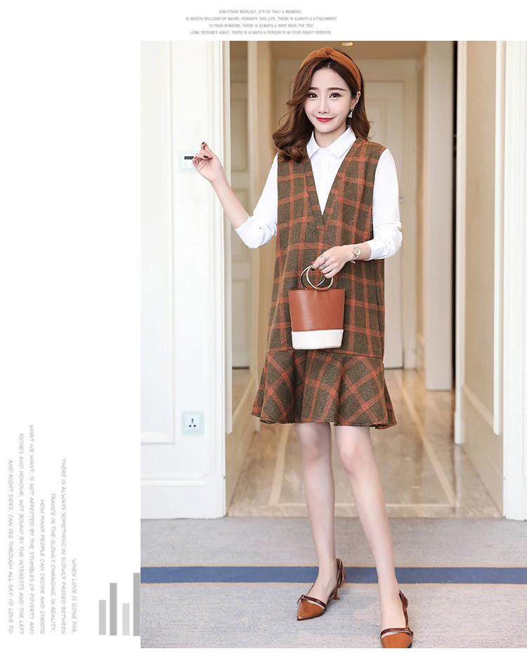 Maternity wear spring plaid stitching shirt collar loose fashion maternity dress women dress Long sleeve Cotton Pregnant Dress