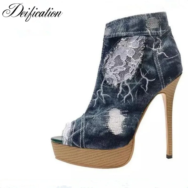

Deification New Blue Denim Sandals Peep Toe Martin Side Zipper Pumps High Platform Party Ladies Denim Shoes escarpins femme 2018