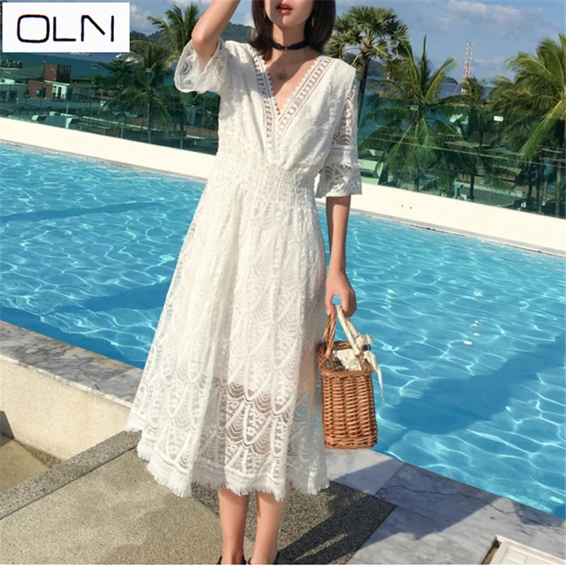 Корейское платье Новое поступление летнее oln кружевное ажурное с бахромой