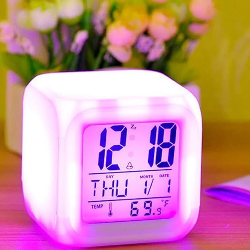 7 цветов светодиодный цифровой будильник сменный Настольный гаджет цифровой будильник термометр дисплей светящийся куб-ночник часы украшение дома