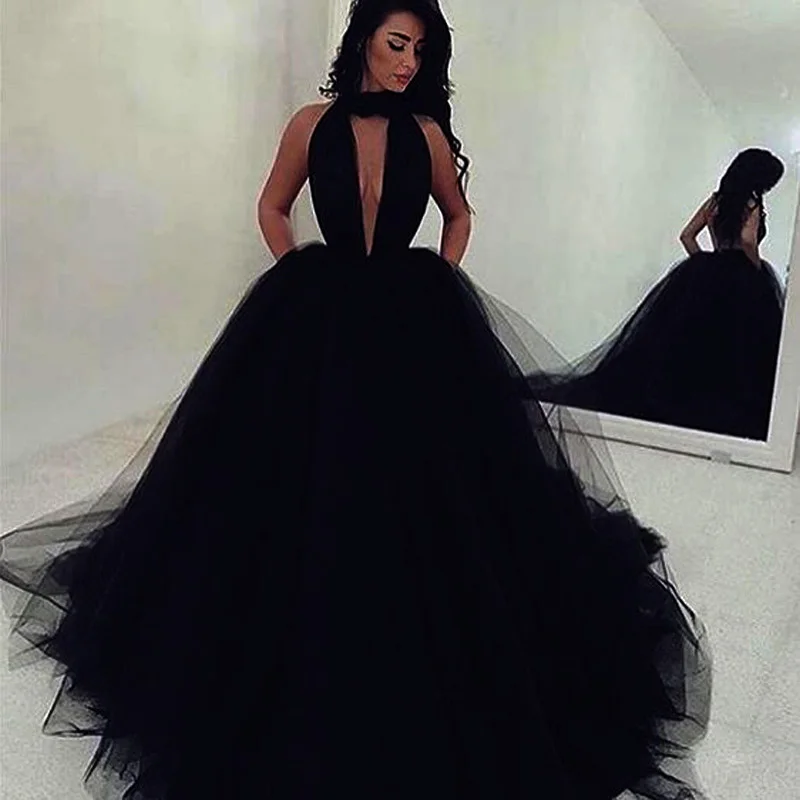 Black halter neck slim waist sexy long ball gown R6089 main image 1