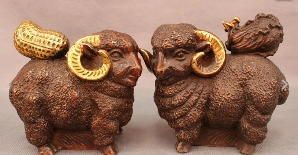 

Folk Chinese Year Zodiac Bronze Gilt Cabbage Peanut On Sheep Goat Statue Pair