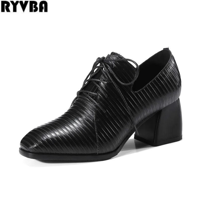 

RYVBA women genuine leather pumps ladies fashion lace up 2019 spring autumn work shoes woman square high heels square toe shoes